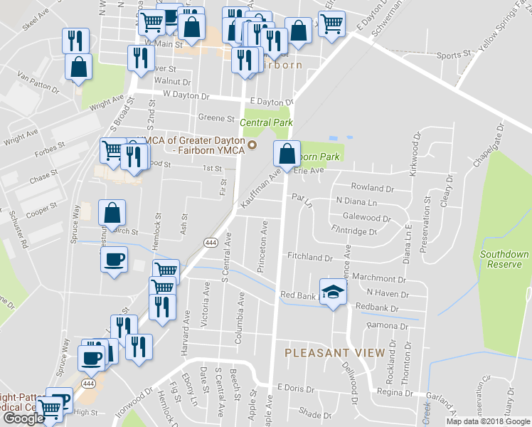 map of restaurants, bars, coffee shops, grocery stores, and more near 115 Powell Avenue in Fairborn