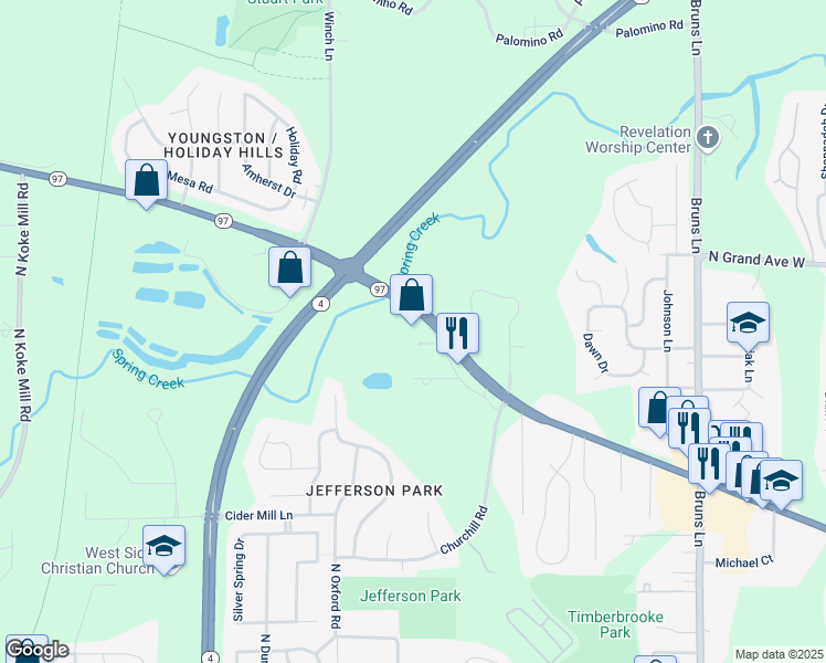 map of restaurants, bars, coffee shops, grocery stores, and more near 2508 West Jefferson Street in Springfield