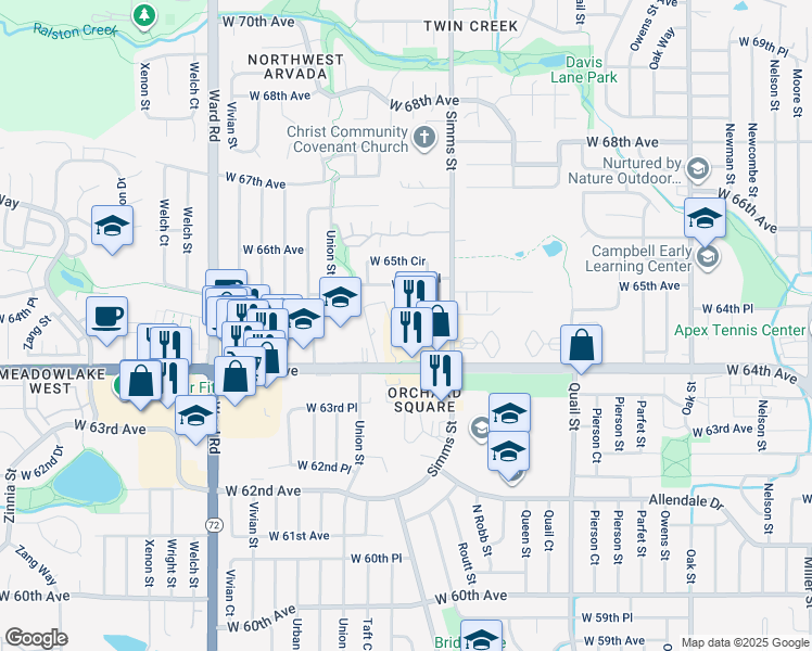 map of restaurants, bars, coffee shops, grocery stores, and more near 6539 Tabor Street in Arvada