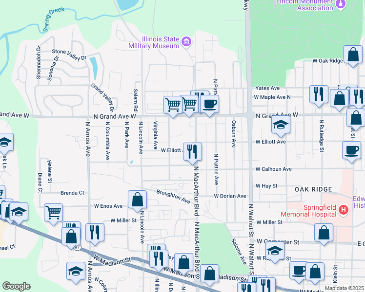 map of restaurants, bars, coffee shops, grocery stores, and more near 1048 Francella Court in Springfield