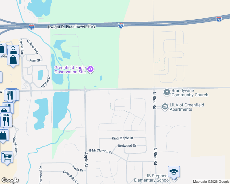 map of restaurants, bars, coffee shops, grocery stores, and more near 1209 East New Road in Greenfield