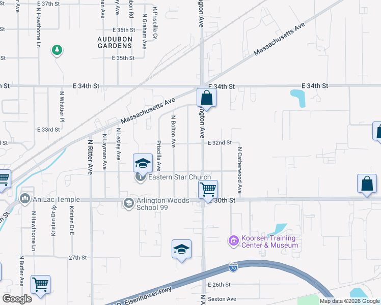 map of restaurants, bars, coffee shops, grocery stores, and more near 5901 East 32nd Street in Indianapolis