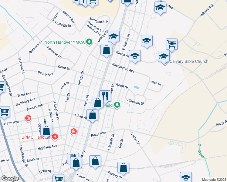 map of restaurants, bars, coffee shops, grocery stores, and more near 723 East Walnut Street in Hanover