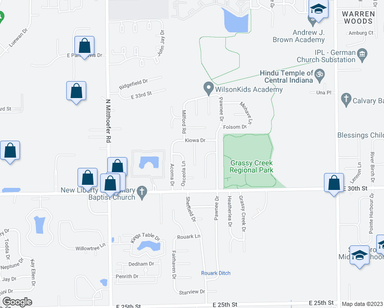 map of restaurants, bars, coffee shops, grocery stores, and more near 3102 Kiowa Court in Indianapolis