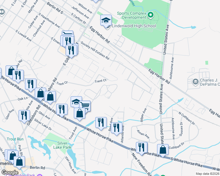 map of restaurants, bars, coffee shops, grocery stores, and more near 26 Chelsea Circle in Clementon