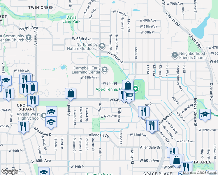 map of restaurants, bars, coffee shops, grocery stores, and more near in Arvada