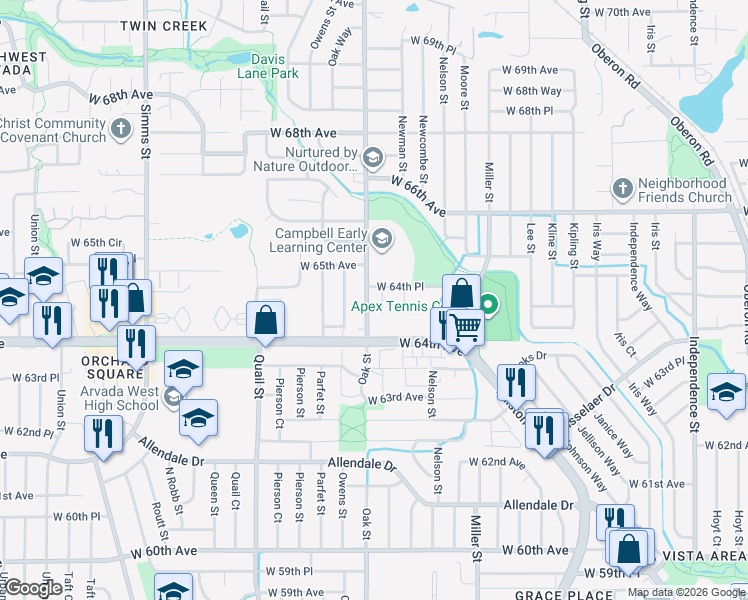 map of restaurants, bars, coffee shops, grocery stores, and more near 6495 Newcombe Court in Arvada