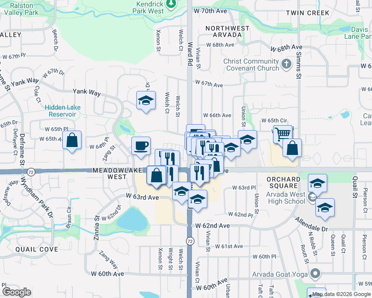 map of restaurants, bars, coffee shops, grocery stores, and more near 12402 West 65th Avenue in Arvada