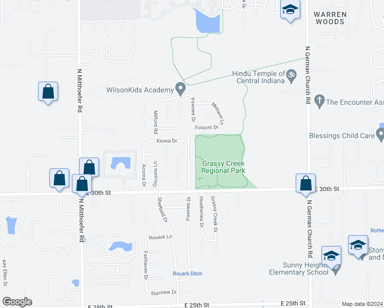map of restaurants, bars, coffee shops, grocery stores, and more near 3123 Pawnee Drive in Indianapolis