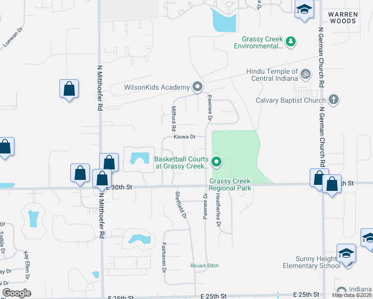map of restaurants, bars, coffee shops, grocery stores, and more near 10331 Kiowa Drive in Indianapolis
