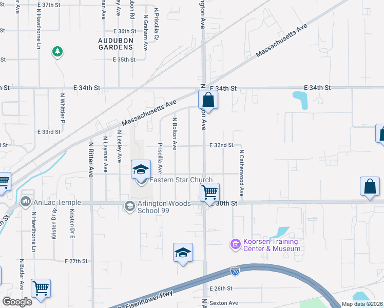 map of restaurants, bars, coffee shops, grocery stores, and more near 5901 East 32nd Street in Indianapolis