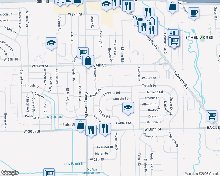 map of restaurants, bars, coffee shops, grocery stores, and more near 4502 Thrush Drive in Indianapolis