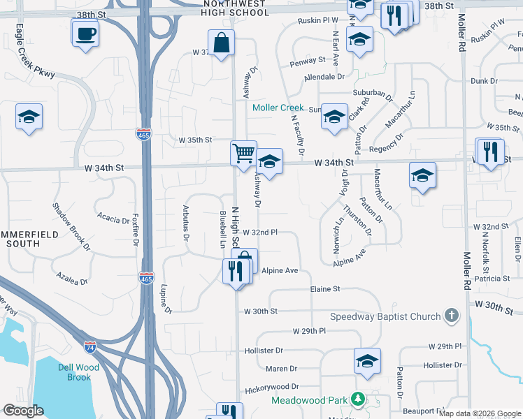 map of restaurants, bars, coffee shops, grocery stores, and more near 6132 Ashway Court in Indianapolis