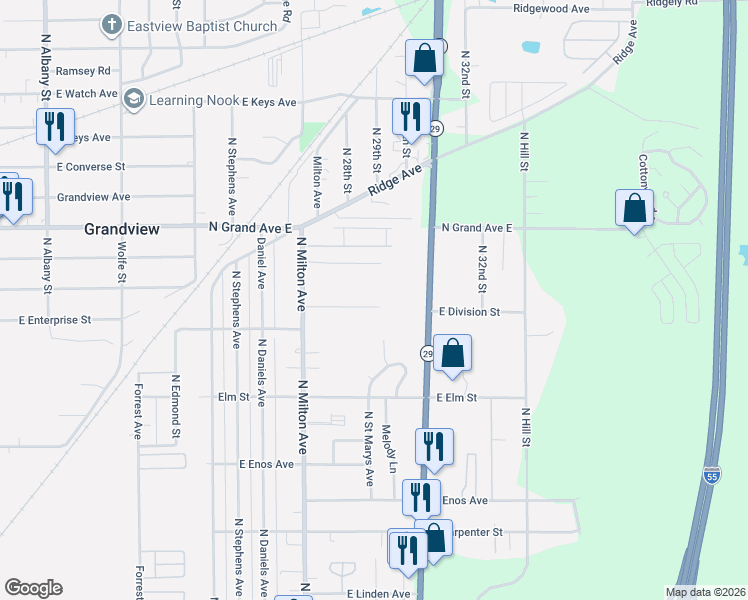 map of restaurants, bars, coffee shops, grocery stores, and more near 3053 Louise Lane in Springfield
