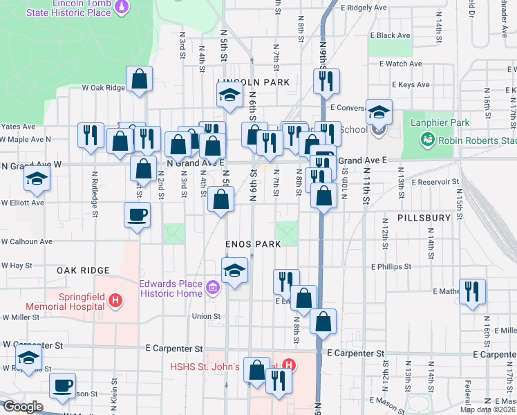 map of restaurants, bars, coffee shops, grocery stores, and more near 1100-1178 North 6th Street in Springfield