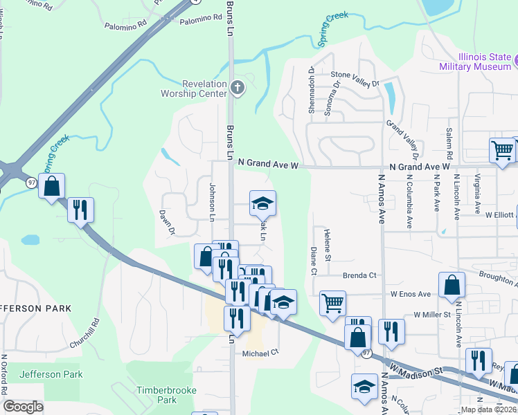 map of restaurants, bars, coffee shops, grocery stores, and more near 30 Babiak Lane in Springfield