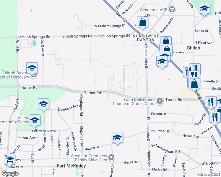 map of restaurants, bars, coffee shops, grocery stores, and more near 4593 Lansmore Drive in Dayton