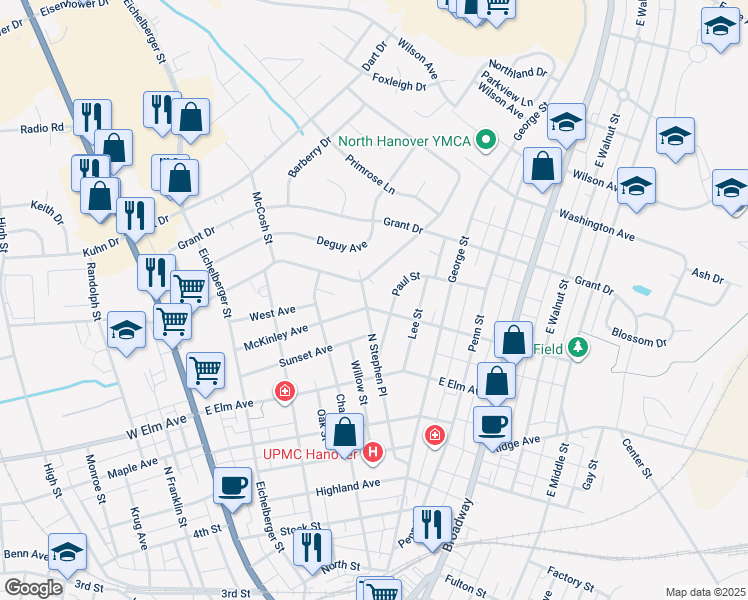 map of restaurants, bars, coffee shops, grocery stores, and more near 235 North Stephen Place in Hanover
