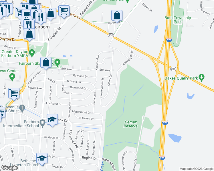 map of restaurants, bars, coffee shops, grocery stores, and more near 613 Cleary Drive in Fairborn
