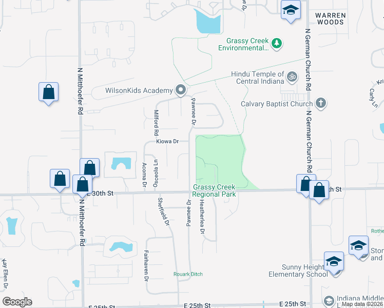 map of restaurants, bars, coffee shops, grocery stores, and more near 3123 Pawnee Drive in Indianapolis