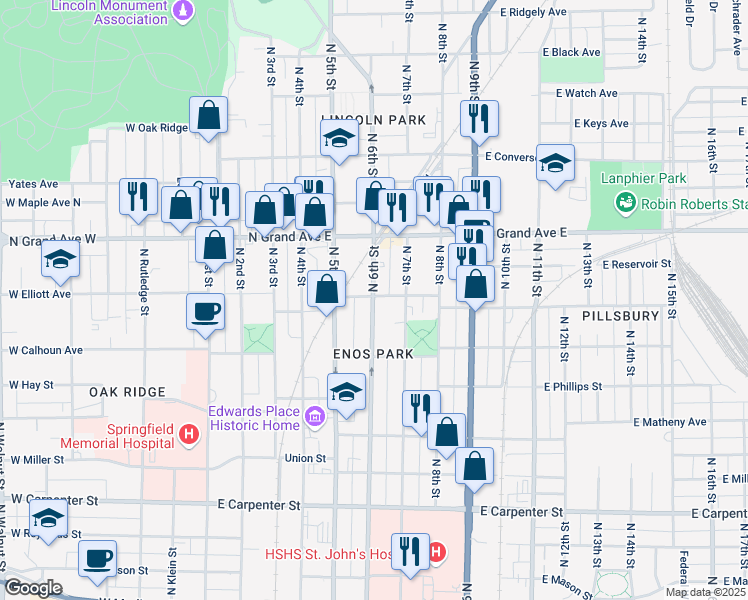 map of restaurants, bars, coffee shops, grocery stores, and more near 1100 North 6th Street in Springfield