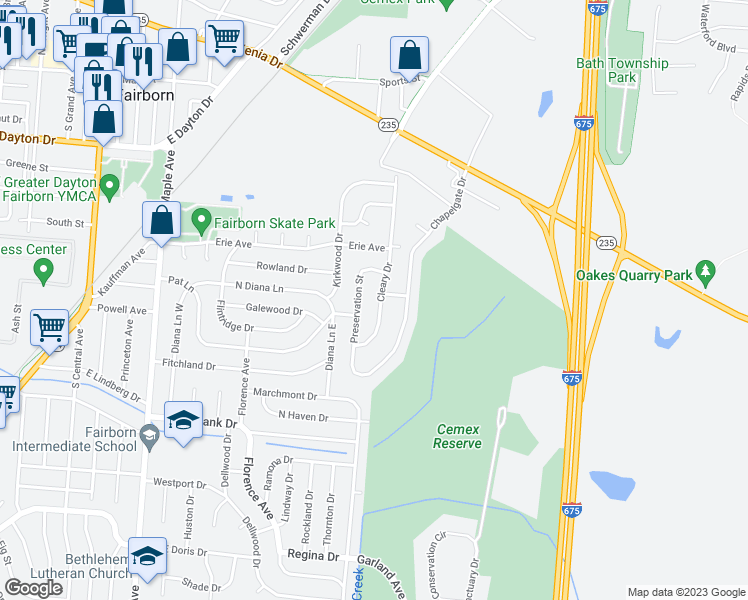 map of restaurants, bars, coffee shops, grocery stores, and more near 613 Cleary Drive in Fairborn