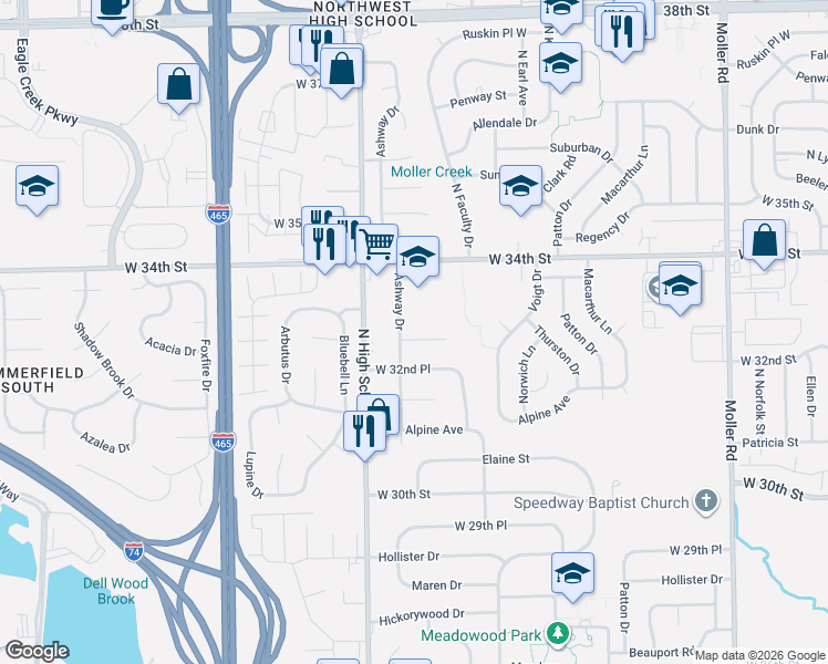 map of restaurants, bars, coffee shops, grocery stores, and more near 6132 Ashway Court in Indianapolis
