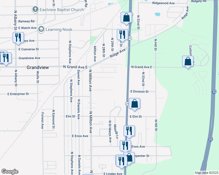 map of restaurants, bars, coffee shops, grocery stores, and more near 3053 Louise Lane in Springfield