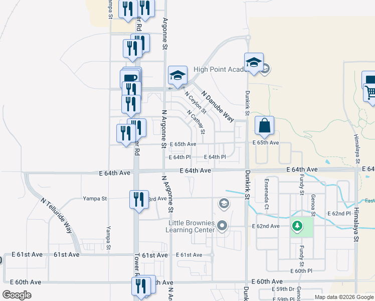 map of restaurants, bars, coffee shops, grocery stores, and more near 18798 East 65th Avenue in Denver