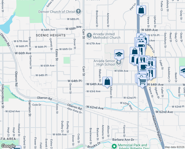 map of restaurants, bars, coffee shops, grocery stores, and more near 6486 Brentwood Court in Arvada