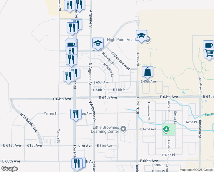 map of restaurants, bars, coffee shops, grocery stores, and more near 18630-18904 East 64th Avenue in Denver