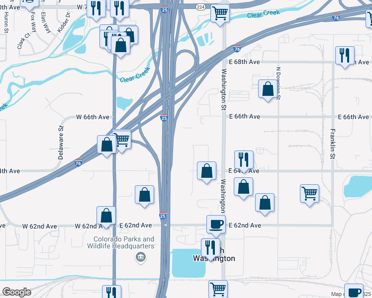 map of restaurants, bars, coffee shops, grocery stores, and more near Interstate 25 in Denver
