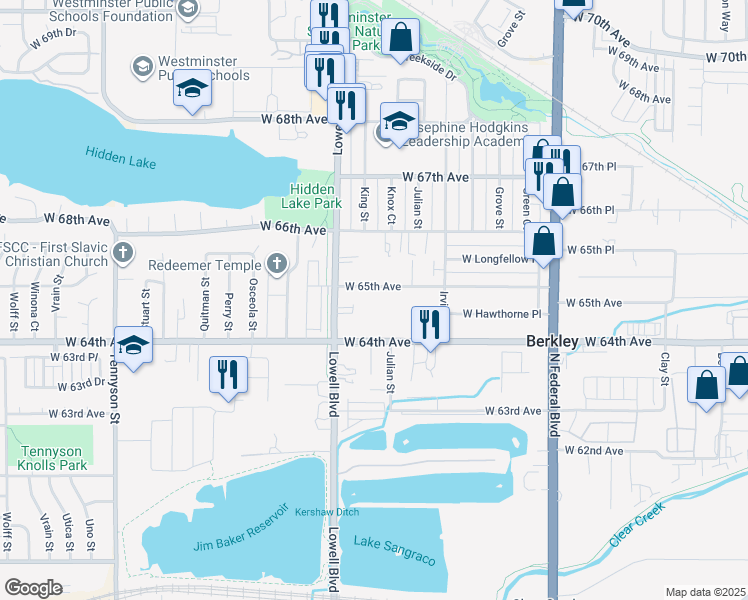 map of restaurants, bars, coffee shops, grocery stores, and more near 3532 West 65th Avenue in Denver