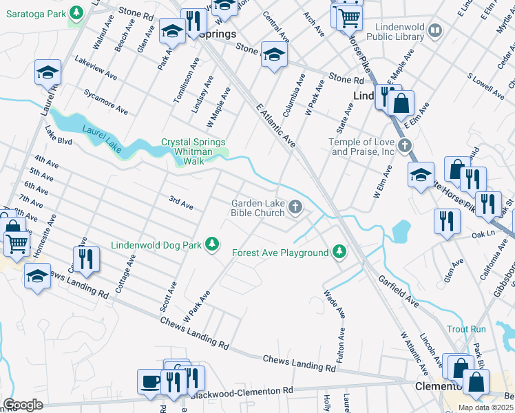 map of restaurants, bars, coffee shops, grocery stores, and more near 109 1st Avenue in Lindenwold