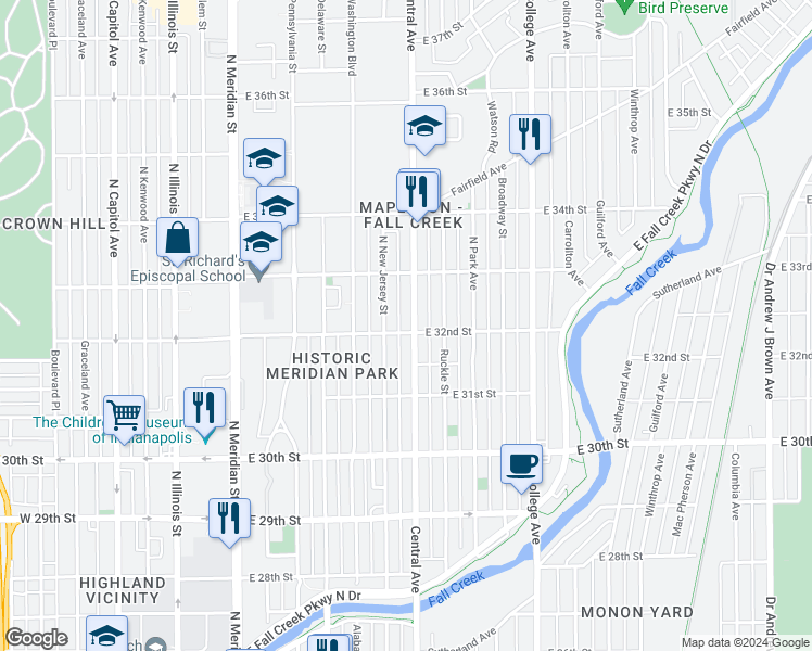 map of restaurants, bars, coffee shops, grocery stores, and more near 3223 Central Avenue in Indianapolis