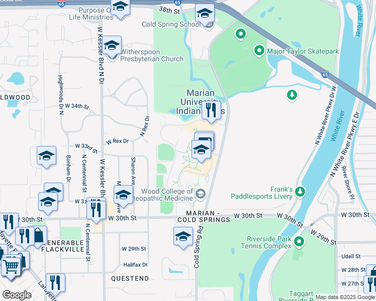 map of restaurants, bars, coffee shops, grocery stores, and more near 3042-3148 Cold Spring Road in Indianapolis