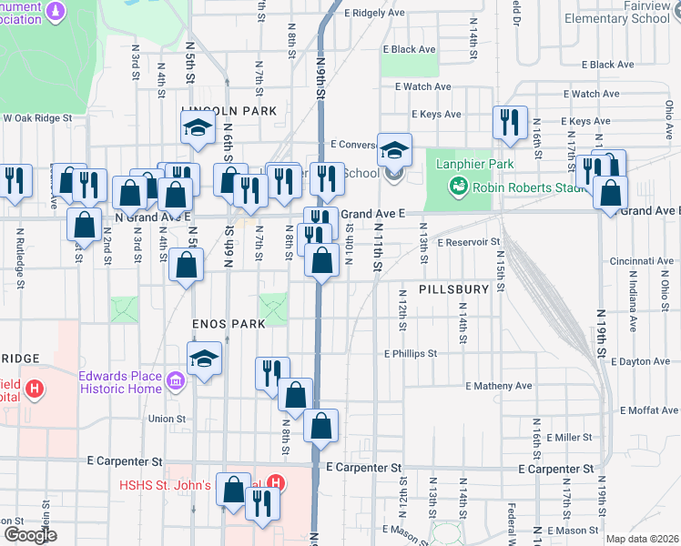 map of restaurants, bars, coffee shops, grocery stores, and more near 1113 North 10th Street in Springfield