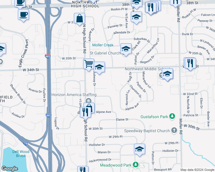 map of restaurants, bars, coffee shops, grocery stores, and more near 6040 Ashway Court in Indianapolis