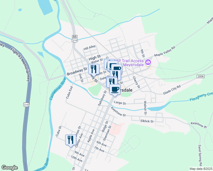 map of restaurants, bars, coffee shops, grocery stores, and more near 222 Main Street in Meyersdale