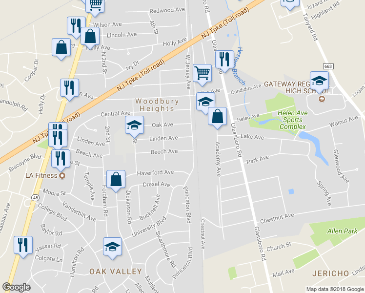 map of restaurants, bars, coffee shops, grocery stores, and more near 445 Beech Avenue in Woodbury Heights