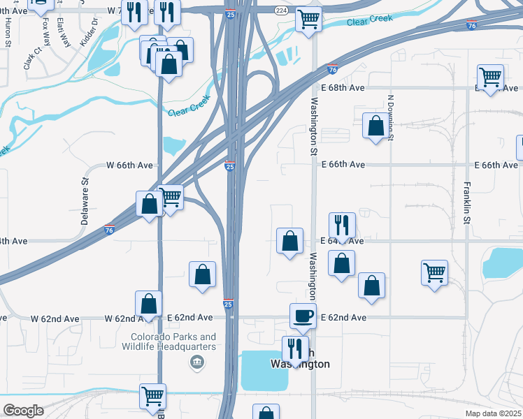 map of restaurants, bars, coffee shops, grocery stores, and more near 601 East 64th Avenue in Denver
