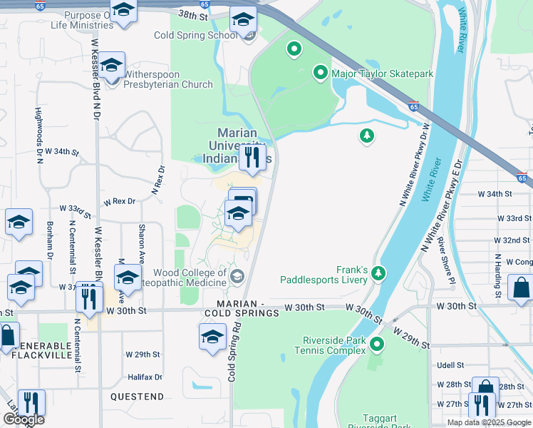 map of restaurants, bars, coffee shops, grocery stores, and more near 3148 Cold Spring Road in Indianapolis