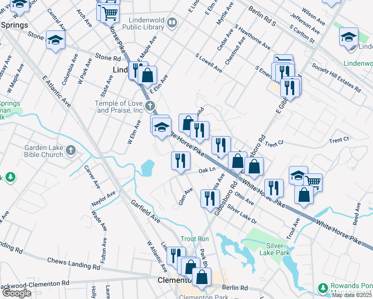 map of restaurants, bars, coffee shops, grocery stores, and more near 420 South White Horse Pike in Lindenwold