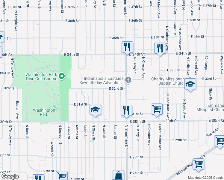 map of restaurants, bars, coffee shops, grocery stores, and more near 3166 Station Street in Indianapolis