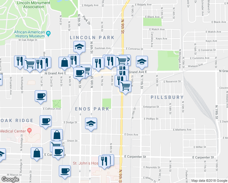 map of restaurants, bars, coffee shops, grocery stores, and more near 1104 North 8th Street in Springfield