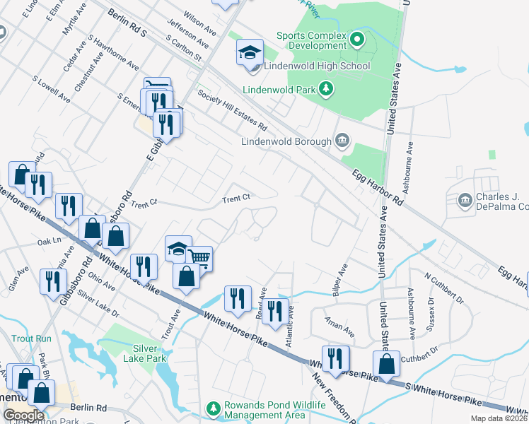 map of restaurants, bars, coffee shops, grocery stores, and more near 26 Chelsea Circle in Clementon