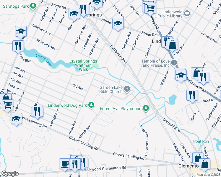 map of restaurants, bars, coffee shops, grocery stores, and more near 109 1st Avenue in Lindenwold