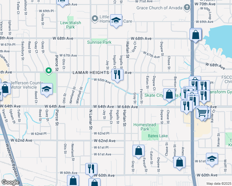 map of restaurants, bars, coffee shops, grocery stores, and more near 6478 Ingalls Court in Arvada
