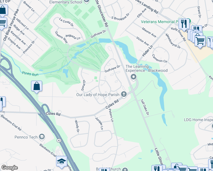 map of restaurants, bars, coffee shops, grocery stores, and more near 2404 Wimbledon Way in Gloucester Township