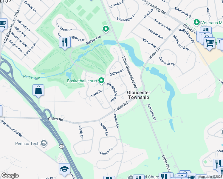 map of restaurants, bars, coffee shops, grocery stores, and more near 2404 Wimbledon Way in Gloucester Township